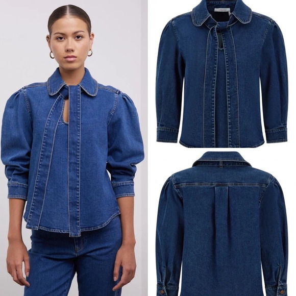 SEE BY CHLOE Tie-Neck Shirt Denim Jeans Blouse Top Preppy Puff Sleeve US 8 - Picture 4 of 16